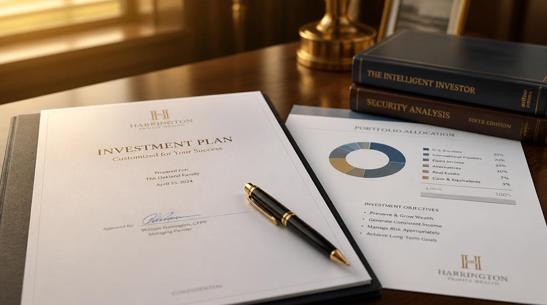 Signed written investment plan and portfolio allocation printout on a walnut desk