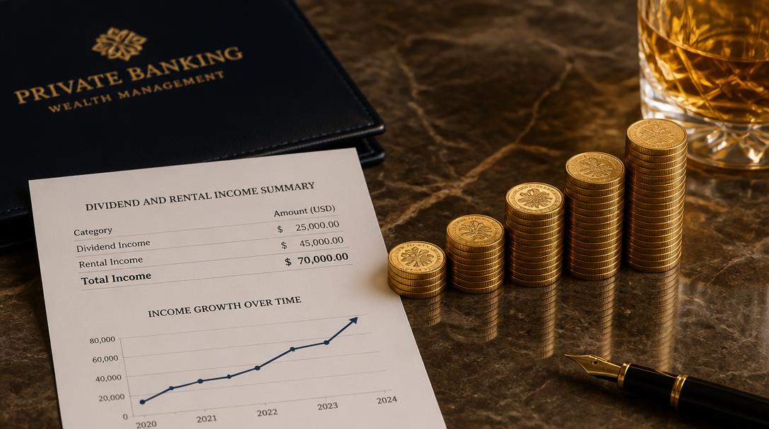Rising coin stacks beside a dividend and rental income statement with a growth chart