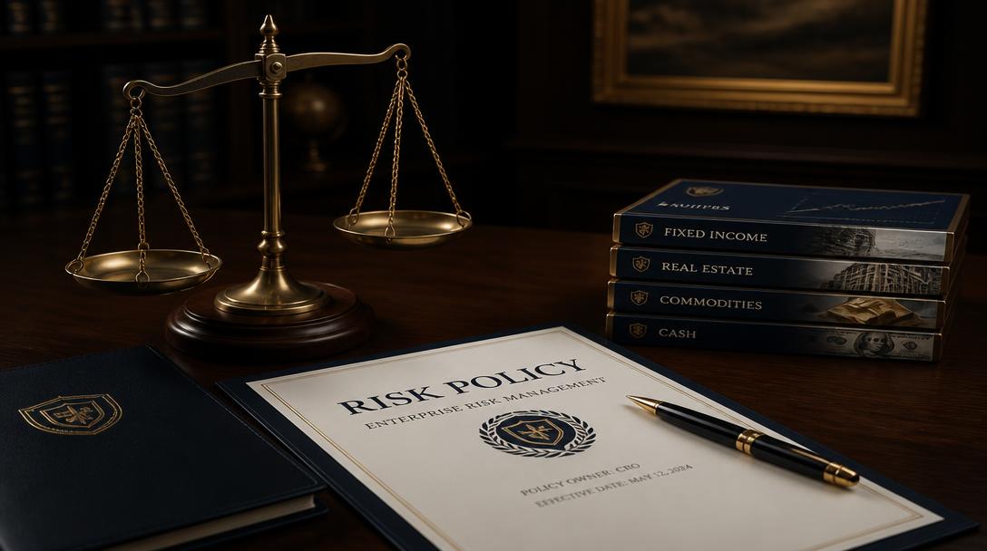 Brass balance scale beside a written risk policy document on a dark walnut desk