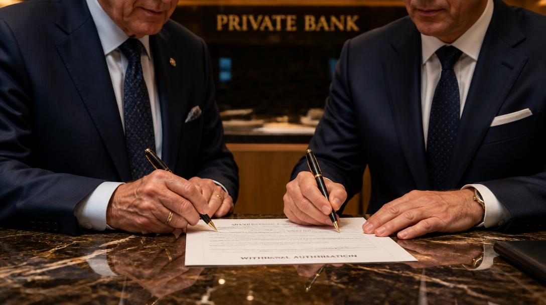 Two senior officers countersigning a withdrawal authorisation on a marble counter
