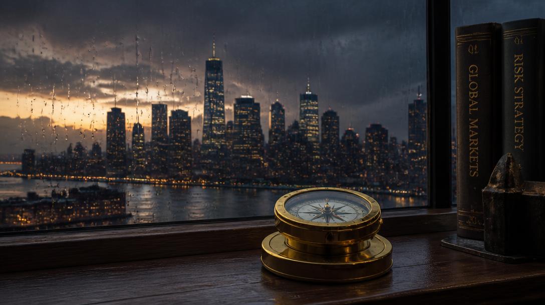 Brass ship's compass on a windowsill above a rain-streaked city skyline at dusk
